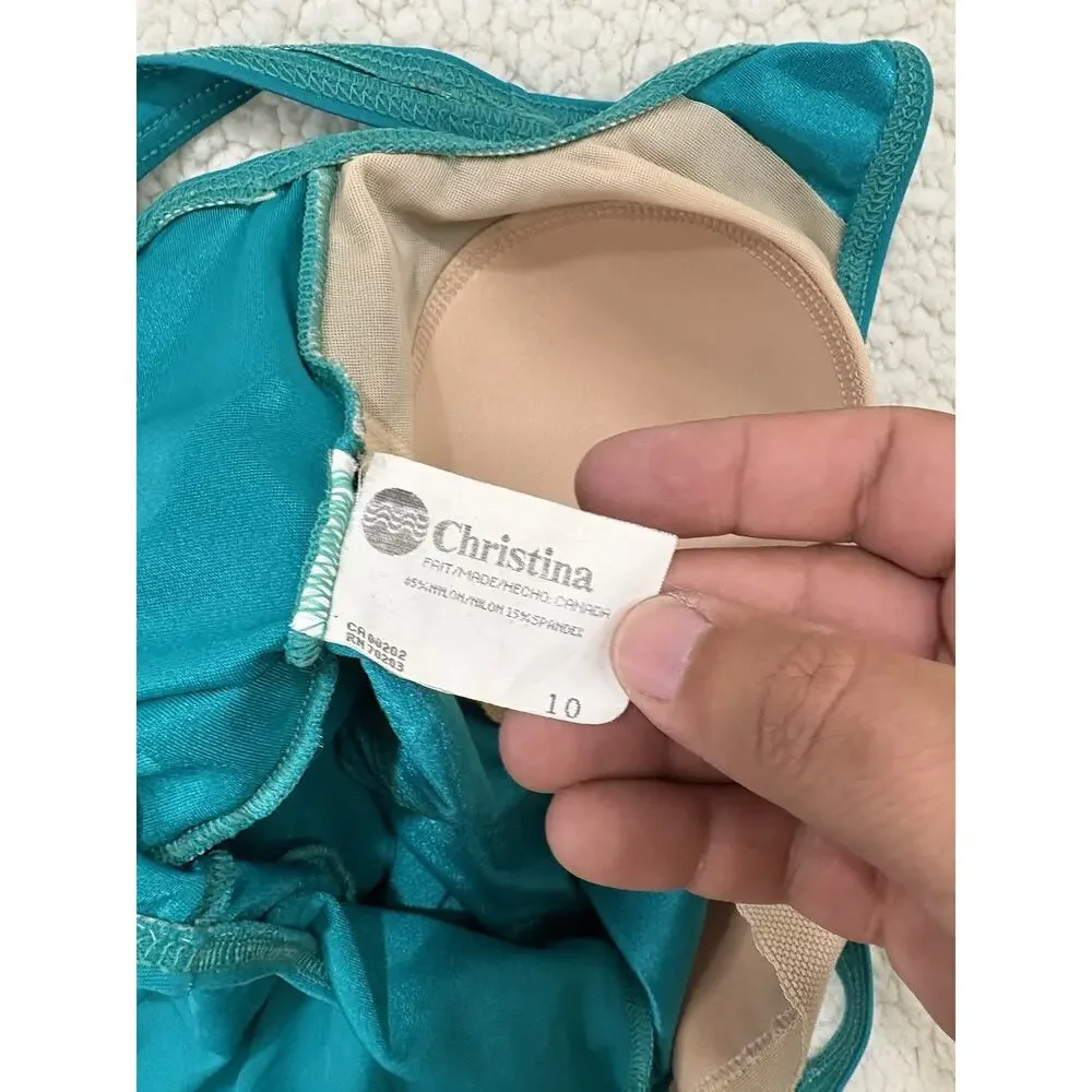 Vintage‎ Christina One Piece Swimsuit Modest Swim Dress Wrap Teal Gold Button 10